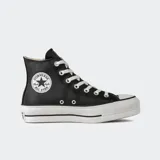 Championes Converse Chuck Taylor All Star de caña alta con plataforma, confeccionados en eco cuero negro, con cordones blancos y el icónico parche circular de estrella en el tobillo.