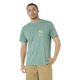 Remera Rip Curl de manga corta y cuello redondo en color verde, con pequeño estampado circular en el pecho que incluye palmeras y la inscripción "Rip Curl".