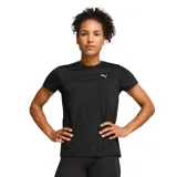 Remera deportiva de mujer marca Puma, color negro con efecto jaspeado, cuello redondo y logo de la marca estampado en blanco en el pecho.