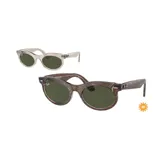 Lentes de sol Ray-Ban modelo RB 2242, con montura ovalada transparente y lentes verdes.