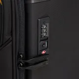 Valija de mano Caterpillar modelo Hybrid Cabin Trolley, de diseño híbrido en color negro con cuerpo de tela y estructura rígida, cuatro ruedas dobles y tirador telescópico.