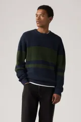 Sweater de cuello redondo con diseño de rayas horizontales en azul marino y verde militar.