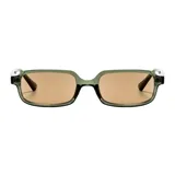 Lentes de sol Atenas con armazón rectangular de plástico reciclado (RPET) en color verde translúcido y cristales en tono marrón claro.