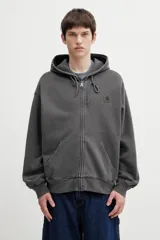 Campera canguro con capucha Carhartt WIP modelo Hooded Nelson Jacket, color gris oscuro con efecto lavado, cierre frontal completo y bolsillos tipo canguro.