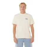Remera Rip Curl modelo Legacy de color beige, con manga corta, cuello redondo y pequeño estampado gráfico azul en el pecho.