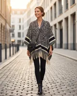 Poncho abierto con estampado animal print tipo leopardo en tonos grises y negros, con bandas horizontales en los bordes y flecos colgantes en el ruedo.