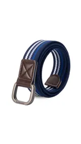 Cinto de tela canvas azul marino con galón de rayas blancas y celestes, hebilla doble metálica color peltre y terminaciones en símil cuero marrón.