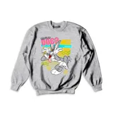 Buzo de cuello redondo color gris melange, con estampa frontal de Bugs Bunny y diseño gráfico estilo retro con colores vibrantes.
