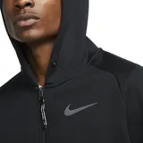 Campera deportiva Nike Pro Therma-FIT negra con capucha, cierre frontal completo, logo en el pecho y bolsillos laterales con cierre. Confeccionada con al menos 75% de fibras de poliéster reciclado.