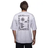 Remera de algodón color beige con efecto lavado, de corte holgado y manga corta. Presenta un pequeño logo estampado en el pecho con diseño de sol y el nombre de la marca.