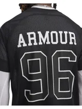 Remera de malla perforada estilo jersey de fútbol americano, color negro con cuello en V y mangas raglán. Presenta estampado frontal con el texto 'ARMOUR' y el número '96'.
