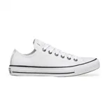 Championes Converse Chuck Taylor All Star de cuero blanco con suela de goma blanca y detalles en negro.
