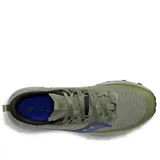 Championes Saucony Peregrine 13 para hombre, ideales para trail running. Diseño en tonos verde oliva y gris con detalles en azul.