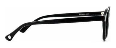 Armazón de acetato negro con forma redonda y patillas con núcleo de metal plateado.