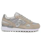 Championes Saucony Shadow Original de gamuza y tela color beige y plateado, con suela blanca.