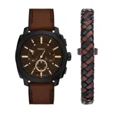 Set de reloj Fossil modelo Machine con caja negra, esfera marrón y correa de cuero marrón. Incluye una pulsera trenzada de cuero marrón y negro.