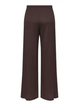 Pantalón suelto color marrón con estampado de lunares blancos, tiro medio y cintura elástica con cordón de ajuste.