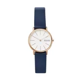 Reloj de pulsera Skagen modelo Signatur con caja de acero en tono oro rosado, esfera blanca minimalista y correa de cuero azul.
