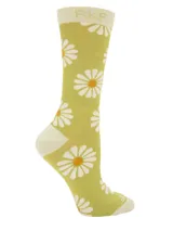 Calcetines de caña media color verde con estampado de margaritas blancas y centro naranja. Confeccionados en fibra de bambú.
