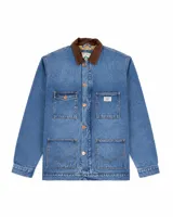 Campera de jean grueso con forro interior de corderito, cuello de pana en color marrón, cierre frontal con botones metálicos y múltiples bolsillos frontales.