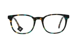 Armazón de anteojos recetados con diseño redondeado y estampado carey en tonos verde, amarillo y negro. Fabricado en acetato.