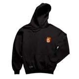 Canguro negro con capucha y bolsillo frontal tipo canguro. Presenta un pequeño estampado en el pecho con la imagen de Hasbulla usando una corona.