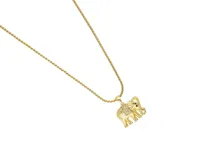 Cadena de acero con baño de oro y dije de bronce en forma de elefante con detalles de circonias.