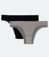 Pack de dos bombachas bikini, una negra y otra gris jaspeado, ambas con terminaciones de encaje.