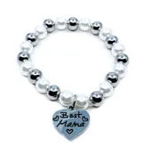 Pulsera elástica con cuentas de perlas blancas y plateadas, con dije colgante en forma de corazón con la inscripción "Best Mama".