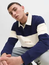 Buzo de manga larga con cuello tipo polo y fit relajado, en bloques de color azul marino y beige. Confeccionado en tejido de punto sin frisa, con interior de bucles, puños acanalados y logo bordado en el pecho.
