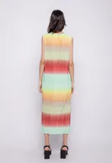Vestido largo plisado con estampa degradada en tonos rojo, amarillo, verde y celeste. Sin mangas, con cuello redondo y botón en la espalda.