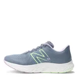 Championes grises de running New Balance modelo Fresh Foam X EVOZ V3, con detalles en verde lima y lila.