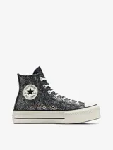 Championes Converse Chuck Taylor All Star Lift de caña alta, color negro con glitter, plataforma blanca y cordones blancos.