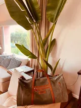 Bolso de viaje verde de cuero vacuno, con detalles en cuero marrón. Tiene doble asa de mano y correa desmontable para el hombro, cierre superior con cremallera, bolsillos exteriores e interiores.