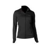 Campera deportiva Columbia negra con cierre frontal, bolsillos laterales con cierre, cuello alto, mangas largas con orificios para pulgares y logo de la marca bordado en el pecho.