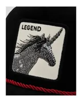 Gorra trucker negra Goorin Bros con red trasera, visera curva con cordón rojo decorativo y parche frontal con diseño de unicornio y la palabra "Legend".
