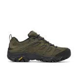 Championes de trekking Merrell Moab 3, color verde militar, confeccionados con parte superior de piel de ante de cerdo y malla transpirable, con suela Vibram y refuerzos de goma.