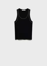 Top sin mangas de tejido de punto acanalado en color negro, con cuello redondo y ribetes en contraste en color blanco.