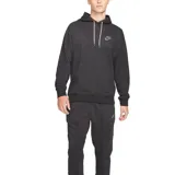 Buzo canguro Nike gris oscuro jaspeado, con capucha ajustable con cordones blancos, bolsillo tipo canguro y logo bordado en el pecho. Puños y cintura acanalados.