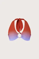 Top de bikini halter con diseño en efecto degradado, tirantes anchos anudados, argolla decorativa circular al centro y fruncido frontal.