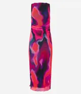 Vestido midi sin mangas confeccionado en tul con estampado abstracto y lazo en la espalda.