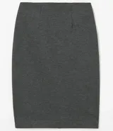 Pollera lápiz de mujer color gris oscuro, corte recto a la rodilla, con cierre en la espalda.