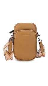 Phonebag de diseño compacto y moderno, color plateado, con cierre frontal y correa ajustable y desmontable con diseño geométrico. Cuenta con logo grabado en el frente.