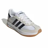 Championes Adidas Run 70s 2.0, color blanco con detalles en negro y suela color caramelo. Presentan las tres tiras clásicas de Adidas en los laterales.