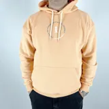 Canguro color durazno de algodón con felpa, textura extra suave, con doble estampa en gris y blanco.