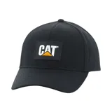Gorra de béisbol negra con visera curva y parche de silicona frontal con el logo de Caterpillar en blanco y amarillo.