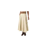 Pollera midi plisada de color beige, con diseño cargo que incluye bolsillos laterales con solapa y cierre de botón. Presenta una pequeña etiqueta de marca en uno de los bolsillos.