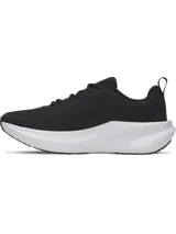 Championes de running Under Armour modelo Assert 11, color negro con suela blanca. Presentan parte superior de malla transpirable con superposiciones de cuero para mayor soporte, amortiguación Charged+ en la mediasuela y suela de goma resistente con ranuras de flexión.