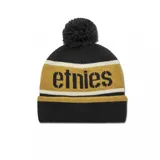 Gorro de lana negro con pompón, con franjas horizontales color mostaza y blanco, y logo de la marca Etnies en color negro sobre la franja mostaza.
