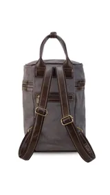 Mochila matera de diseño vertical, confeccionada en tela canvas marrón con detalles y refuerzos en cuero sintético oscuro. Cuenta con doble asa superior de mano, correas traseras regulables, cierre metálico frontal y bolsillo posterior.